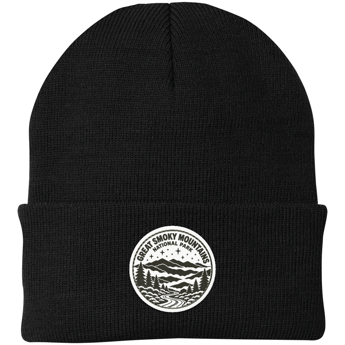 Great Smoky Mountains National Park Leather Patch Beanie — Black — front