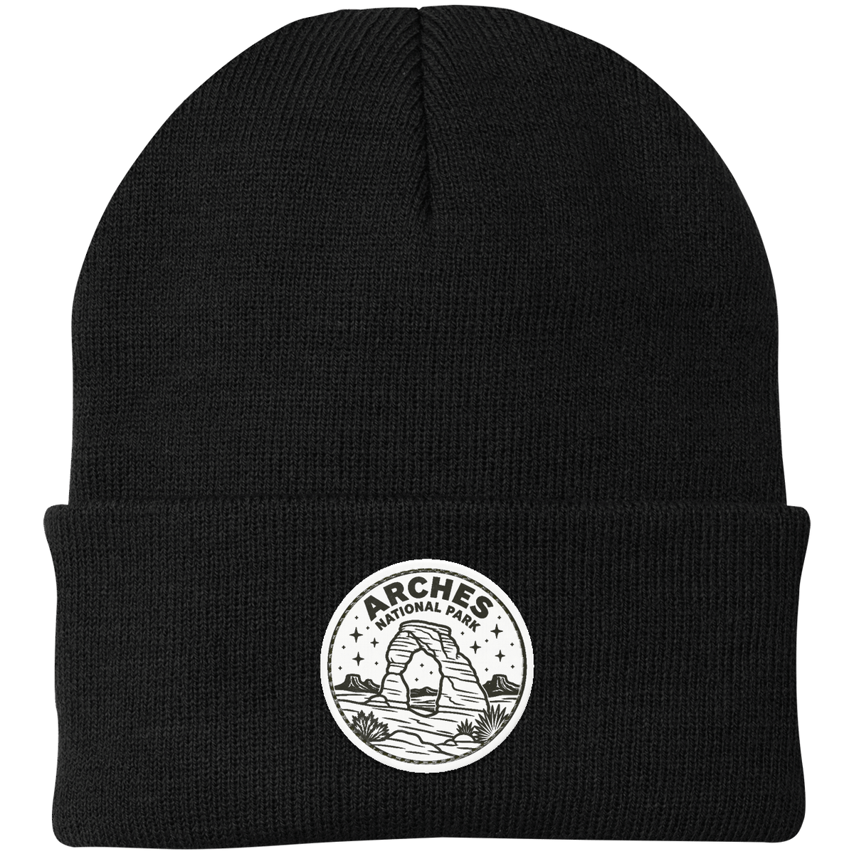 Arches National Park Leather Patch Beanie — Black — front