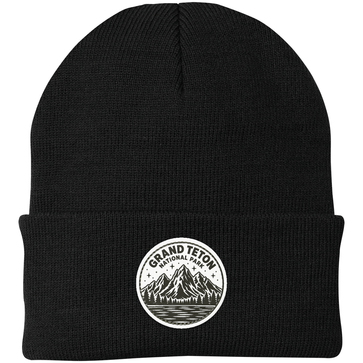 Grand Teton National Park Leather Patch Beanie — Black — front