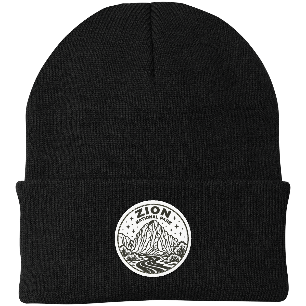Zion National Park Leather Patch Beanie — Black — front