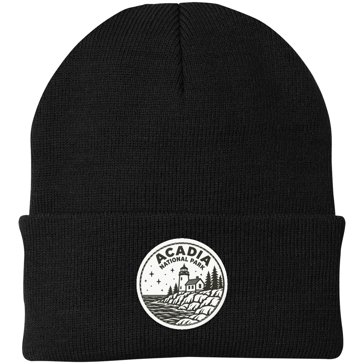 Acadia National Park Leather Patch Beanie — Black — front