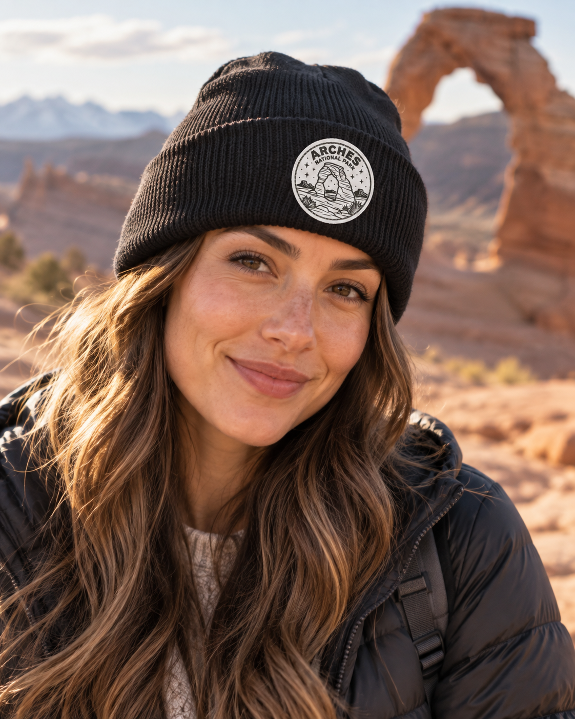 Arches National Park Leather Patch Beanie — Black — on head